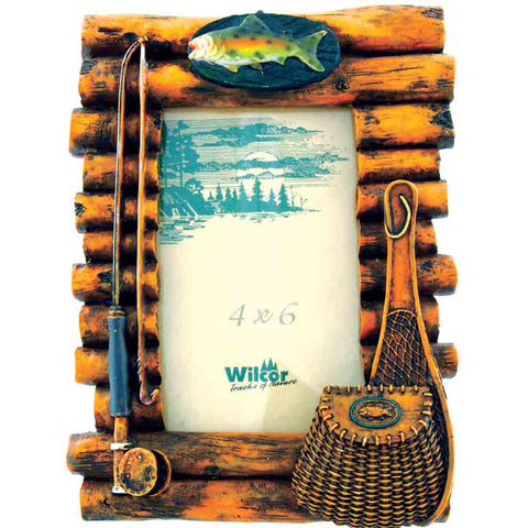 Rustic Wood Log Photo Frame with Fishing Theme Accents 4x6 (Vertical)